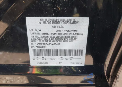 2003 Mazda Mazda6 S from USA, damaged, VIN 1YVFP80D435M53417